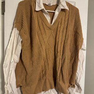Time and Tru Camel Knit Vest with Cream Shirt